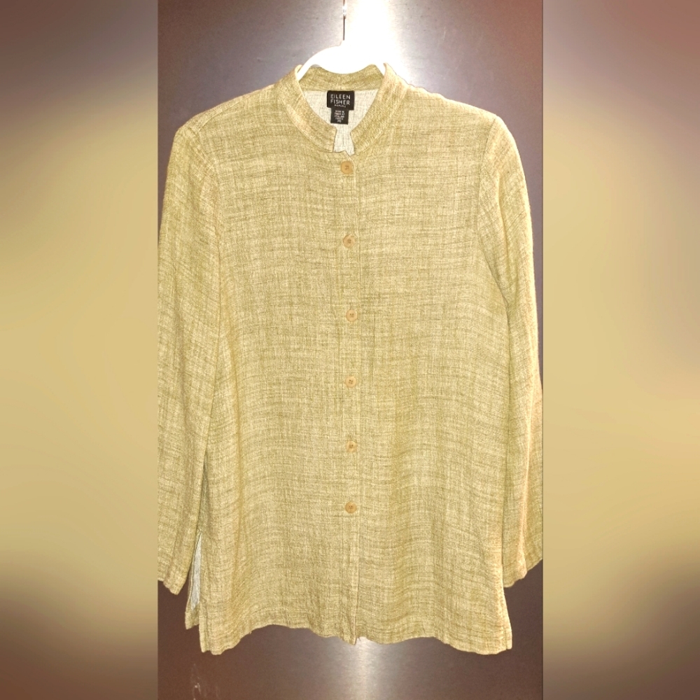 Ladies EILEEN FISHER Linen Viscose Nehru Collar Top Button Front Green Size PS